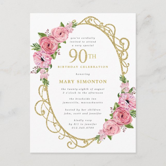 Invitation Carte Postale Pink Gold Floral 90e fête d'anniversaire (Devant)