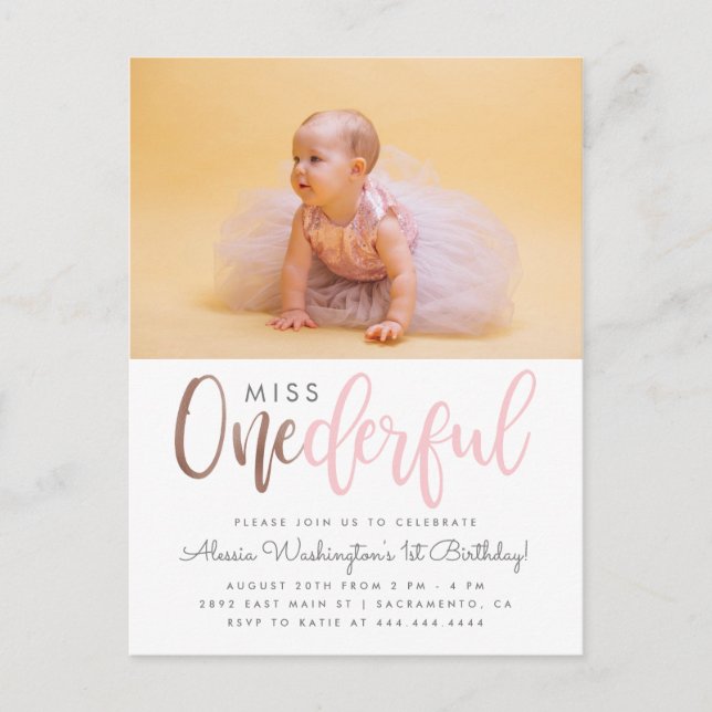 Invitation Carte Postale Pink Miss Onederful Script Photo 1er anniversaire (Devant)