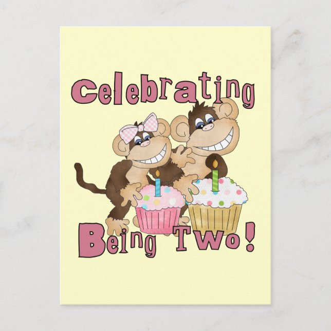 Invitation Carte Postale Pink Party Monkey 2e Anniversaire Tshirts et cadea (Devant)