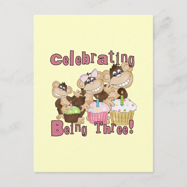 Invitation Carte Postale Pink Party Monkey 3e Anniversaire Tshirts et cadea (Devant)