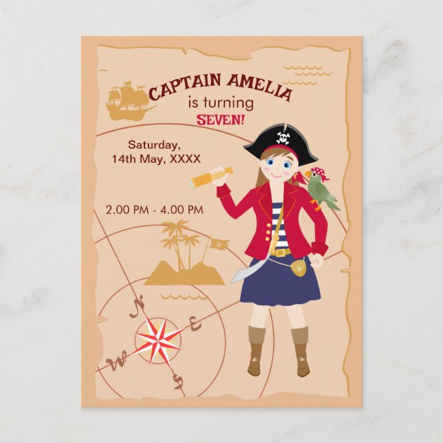 Invitation Carte Postale Pirate Girl Treasure Map Amusant Anniversaire Fête (Devant)
