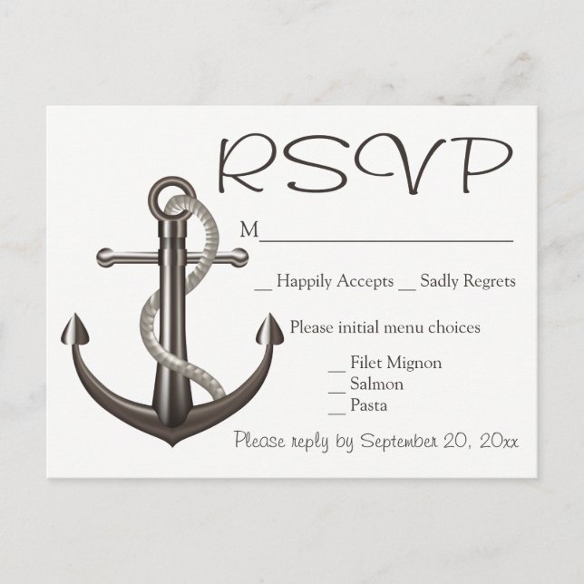 Invitation Carte Postale Plage de Mariage d'Ancre de navire Brown Nautique (Devant)