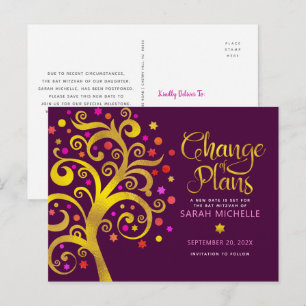 Invitation Carte Postale Plan de changement Bat mitzvah Bourgogne Gold Tree