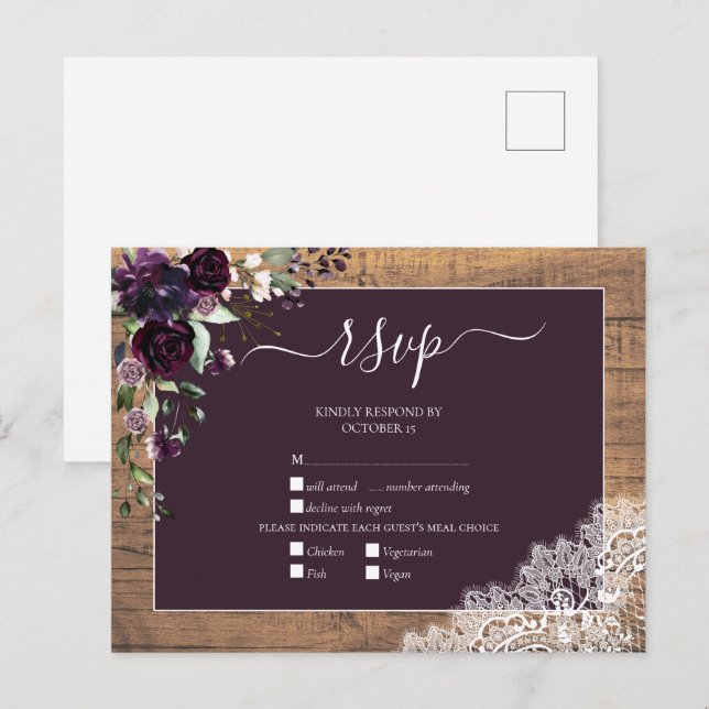 Invitation Carte Postale Plum Purple Floral Script dentelle Bois Mariage RS (Devant / Derrière)