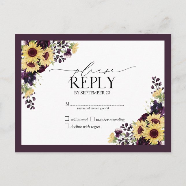 Invitation Carte Postale Plum Purple Tournesol Aquarelle Mariage RSVP (Devant)