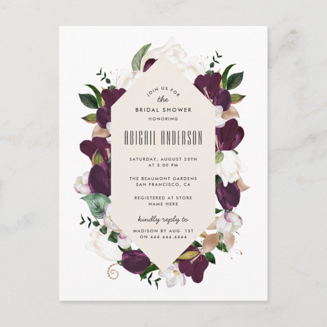 Invitation Carte Postale Plum violet Fête des mariées de couronne de fleurs (Devant)