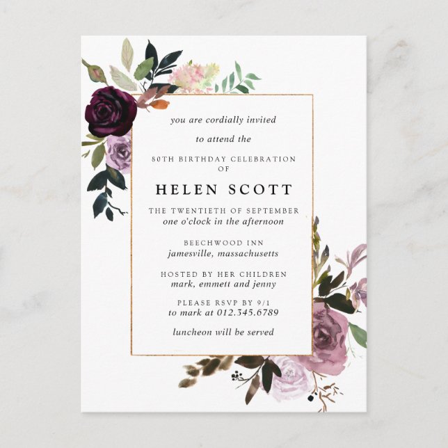 Invitation Carte Postale Plum violet mauve rose floral 80e anniversaire (Devant)