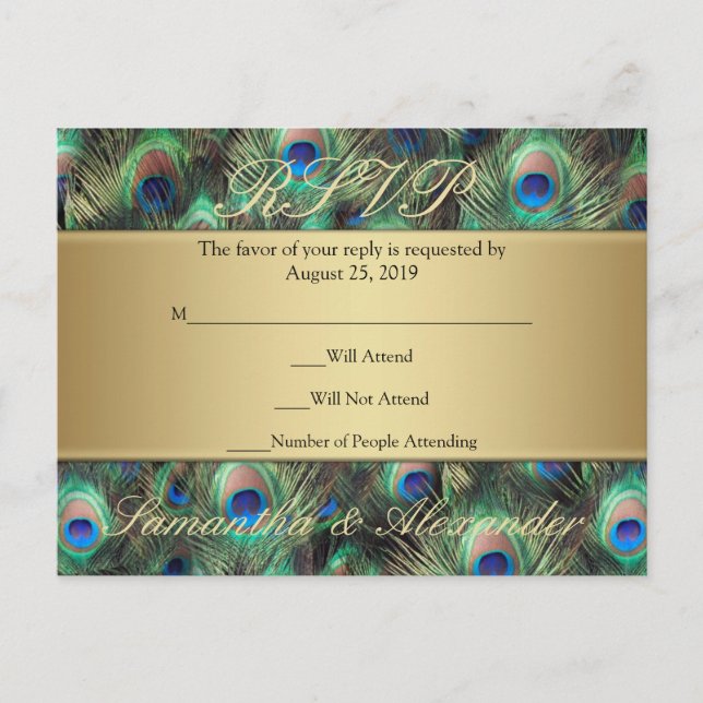 Invitation Carte Postale Plumes de paon d'or Réponse RSVP (Devant)