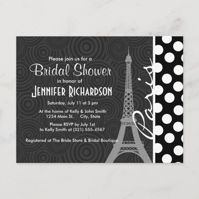 Invitation Carte Postale Point Polka Noir & Blanc, Points ; Paris (Devant)