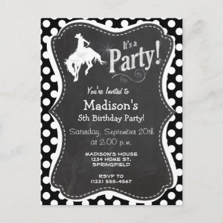Invitation Carte Postale Pois noirs et blancs; Rodeo Cowboy