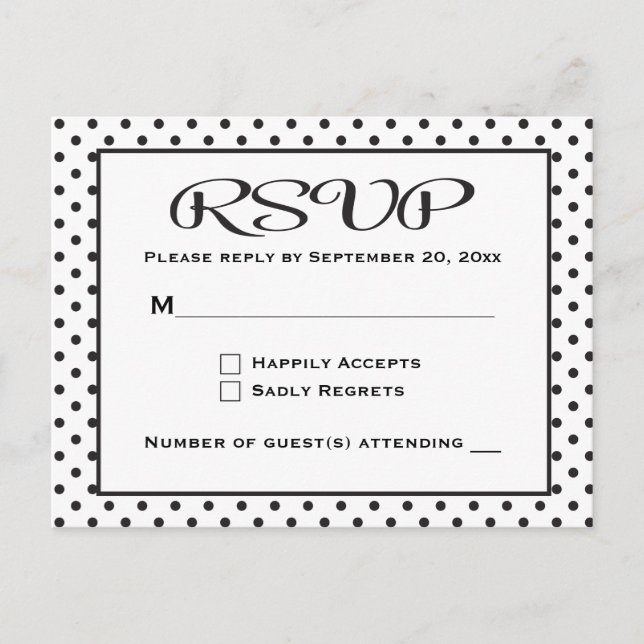 Invitation Carte Postale Pois RSVP Noir et Blanc Mariage / Parti (Devant)