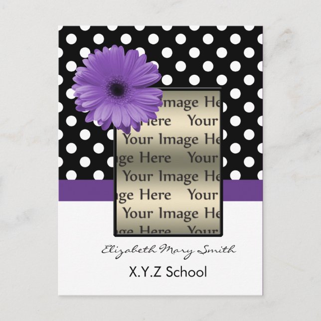 Invitation Carte Postale pois violet pois de marguerite photo Graduation In (Devant)