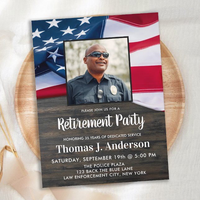 Invitation Carte Postale Police Officier Retraite Photo American Flag Invi (Créateur téléchargé)