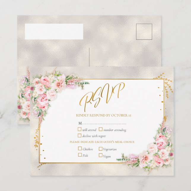 Invitation Carte Postale Pony rose Floral Or Script & Frame RSVP (Devant / Derrière)