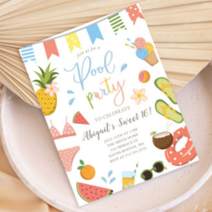 Invitation Carte Postale Pool Party for Girls Sweet 16 Anniversaire