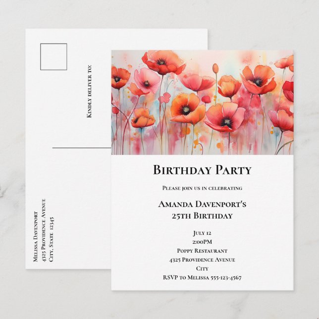 Invitation Carte Postale Poppies rouges dans un champ aquarelle Anniversair (Devant / Derrière)