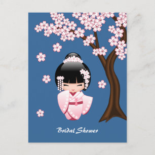 Invitation Carte Postale Poupée blanche Kimono Kokeshi - Fête des mariées