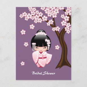 Invitation Carte Postale Poupée blanche Kimono Kokeshi - Fête des mariées