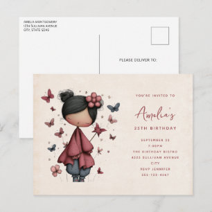 Invitation Carte Postale Poupée de fée fantaisiste Rétro Anniversaire migno