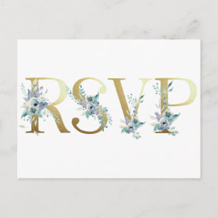Invitation Carte Postale Poussière d'or Bleu Aquarelle Élégant Floral Maria