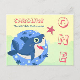 Invitation Carte Postale Premier anniversaire bébé requin mignon océan jaun