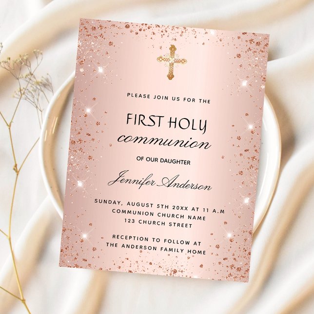 Invitation Carte Postale Première communion rose parties scintillant or fil (Créateur téléchargé)