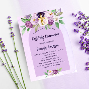 Invitation Carte Postale Première communion violet fleurs violet croix fill