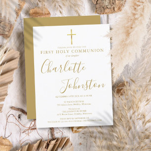 Invitation Carte Postale Première Sainte Communion Élégante Signature Or
