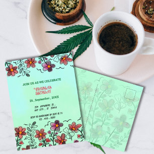 INVITATION CARTE POSTALE PRINTEMPS UNIQUE ROUGE DOODLE FLEURS ANNIVERSAIRE
