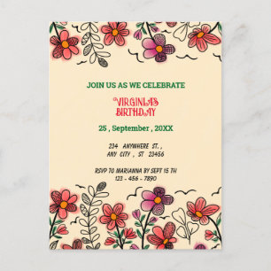 INVITATION CARTE POSTALE PRINTEMPS UNIQUE ROUGE DOODLE FLEURS ANNIVERSAIRE