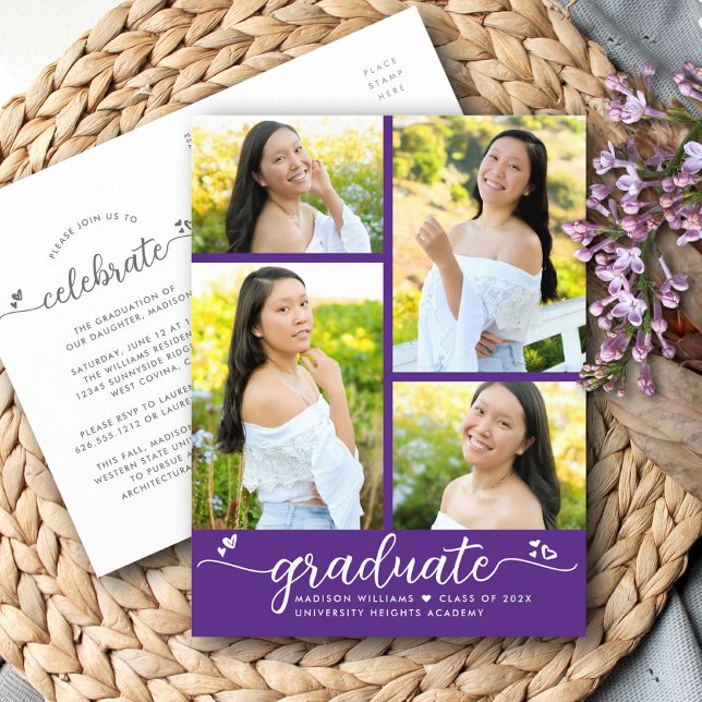Invitation Carte Postale Purple 4 Photo Graduation Modern Script Hearts (Créateur téléchargé)