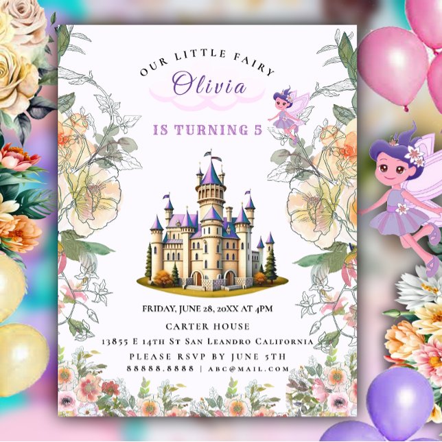 Invitation Carte Postale Purple Castle Fairytale Anniversaire Thème avec Fa (Créateur téléchargé)