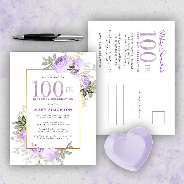 Invitation Carte Postale Purple Gold Floral 100e anniversaire de fête Invit (Créateur téléchargé)