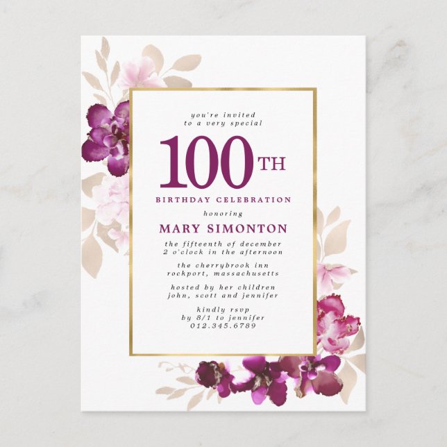 Invitation Carte Postale Purple Rose or Floral 100e anniversaire (Devant)