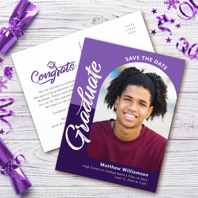 Invitation Carte Postale Purple Save Date Graduation Photo Bold Arch Script (Créateur téléchargé)