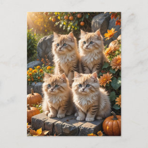 Invitation Carte Postale Quatre chatons d'automne en feuillu avec Citrouill
