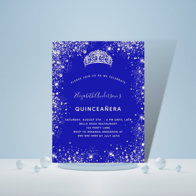 Invitation Carte Postale Quinceanera bleu royal argent parties scintillant  (Créateur téléchargé)