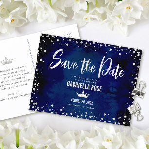 Invitation Carte Postale Quinceañera Date de sauvegarde Marine Argent Parti