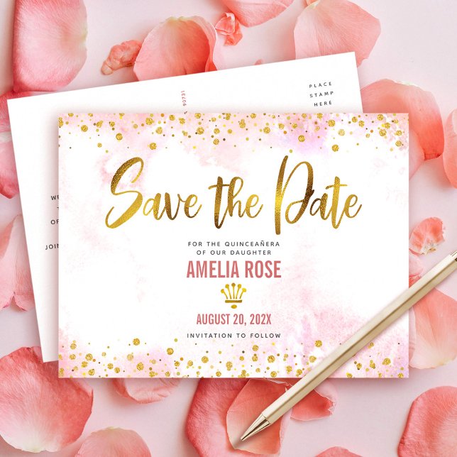 Invitation Carte Postale Quinceañera Enregistrer Date Blush Rose Aquarelle  (Créateur téléchargé)