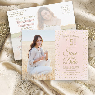 Invitation Carte Postale Quinceañera Enregistrer la date 2 Photo Blush Pink