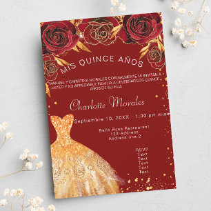 Invitation Carte Postale Quinceanera fleurs de robe rouge or