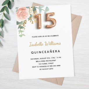 Invitation Carte Postale Quinceanera fleurs rose or vert eucalyptus
