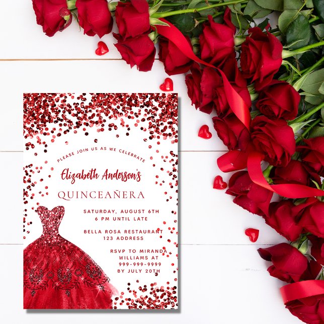 Invitation Carte Postale Quinceanera robe rouge blanche pétillante fête (Créateur téléchargé)