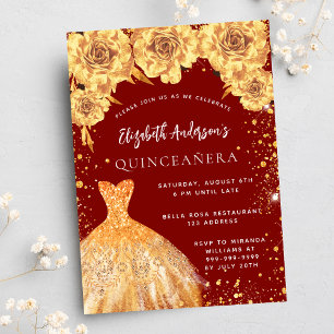 Invitation Carte Postale Quinceanera rouge or parties scintillant robe rose