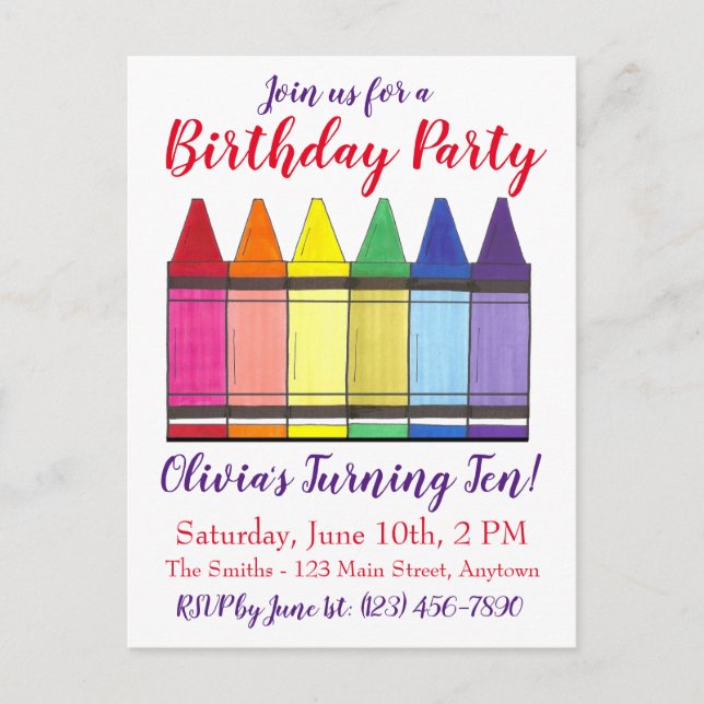 Invitation Carte Postale Rainbow Crayons Artist Art Fête d'anniversaire pou (Devant)
