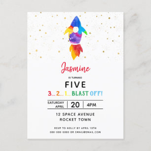 Invitation Carte Postale Rainbow Rocket Ship Exterspace Anniversaire