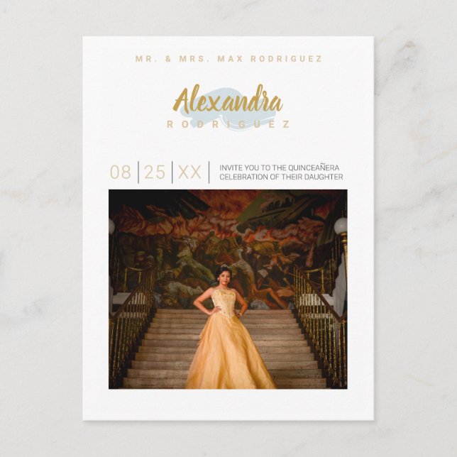 Invitation Carte Postale Rainy Day Blue et Gold Photo Quinceanera (Devant)