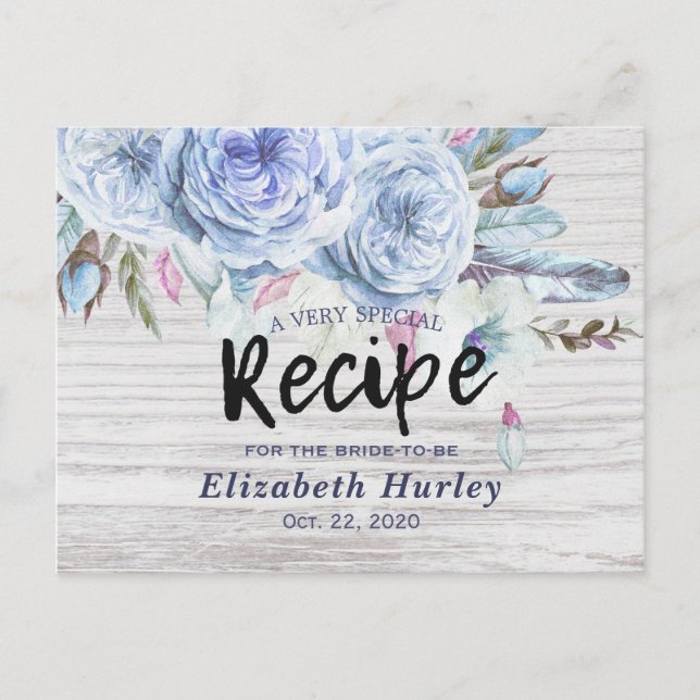 Invitation Carte Postale Recette de Baby Shower Fleurs Boho Plumes Bois (Devant)