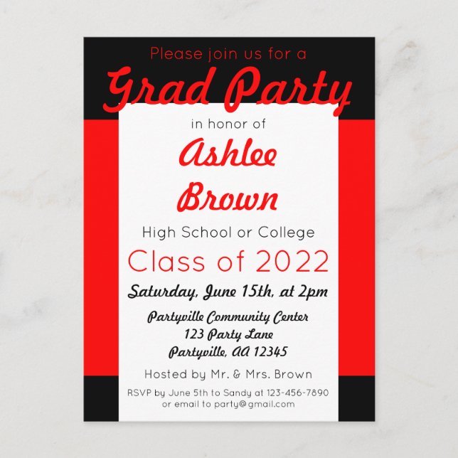Invitation Carte Postale Red Black Bold Grad Party Grad (Devant)