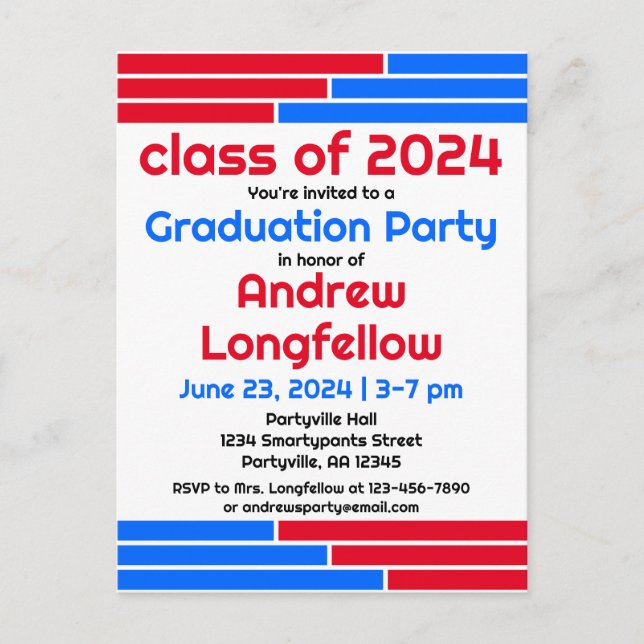Invitation Carte Postale Red & Blue Bars Graduation Party (Devant)